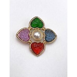 Brooch Pin Four Leaf Hearts Acrylic Colorful Faux Pearl Gold Tone